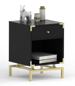 Black and Gold Night Stand Modern Wood End Table with Drawer and Storage Shelf for Bedroom, Metal Frame