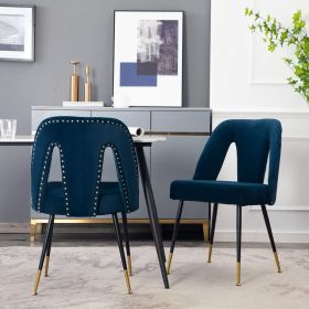 A&A Furniture,Akoya Collection Modern | Contemporary Velvet Upholstered Dining Chair with Nailheads and Gold Tipped Black Metal Legs,Blue,Set of
