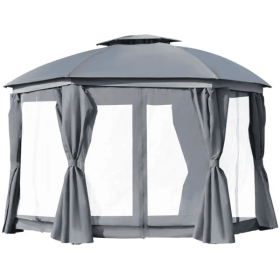 144x144 Inch Round Outdoor Gazebo, Patio Dome Gazebo Canopy Shelter With Double Roof, Netting Sidewalls And Curtains (Color: Grey)